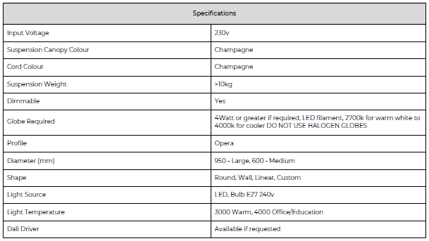 Large Opera pendant specifications