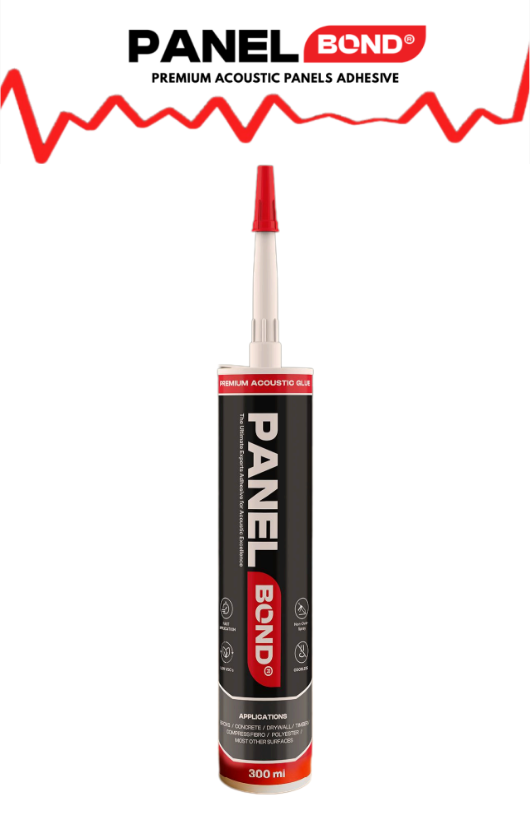 A product image showing a single tube of PanelBond acoustic panel adhesive with the brand name "PanelBond" and a red "ECHO" logo above it. There is a red, jagged line at the top of the image. The tube is centred against a simple white background.