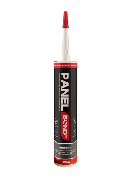 A product image showing a single tube of PanelBond acoustic panel adhesive with the brand name "PanelBond" and a red "ECHO" logo above it. There is a red, jagged line at the top of the image. The tube is centred against a simple white background.