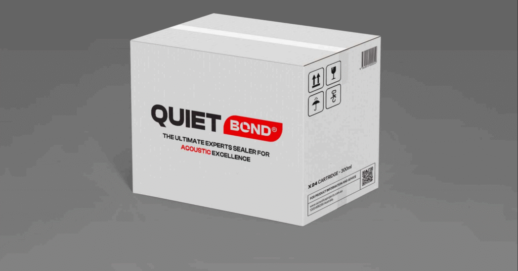 A white cardboard box for "Quiet Bond Premium Acoustic Sealant," showing a logo and product information. The box is shown on a plain grey background.