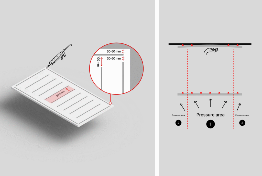 A product diagram illustrating the use of an adhesive for acoustic panels. The image is split into two parts: the left shows a magnified view of a document with a "QUIET" stamp, while the right provides a detailed instruction graphic on how to apply the adhesive to an acoustic panel before pressing it onto a surface.