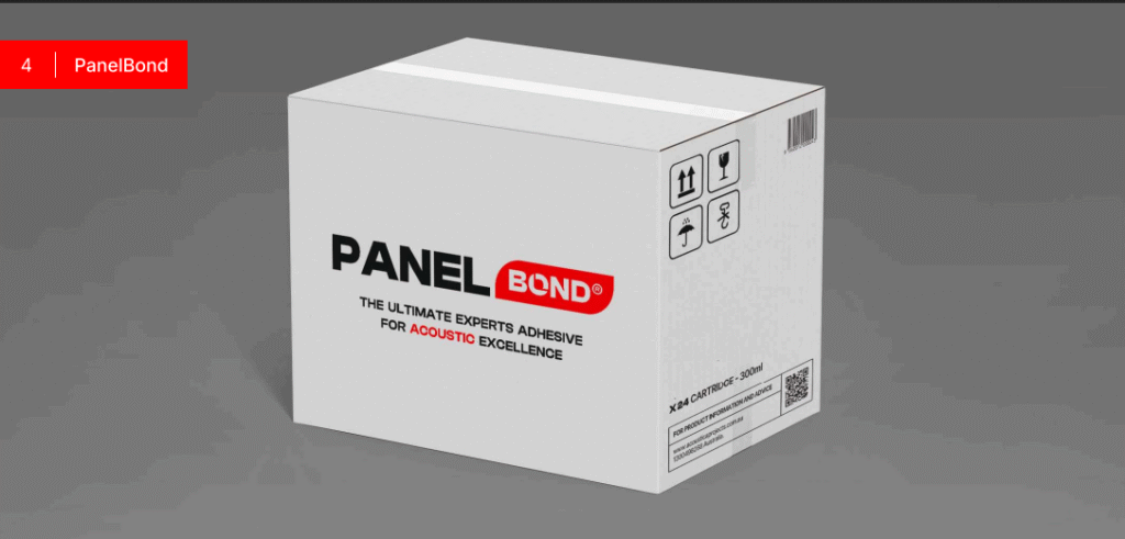 A plain white cardboard box with a red "PanelBond" logo and product information printed on the side. The box is shown at an angle on a solid grey background.